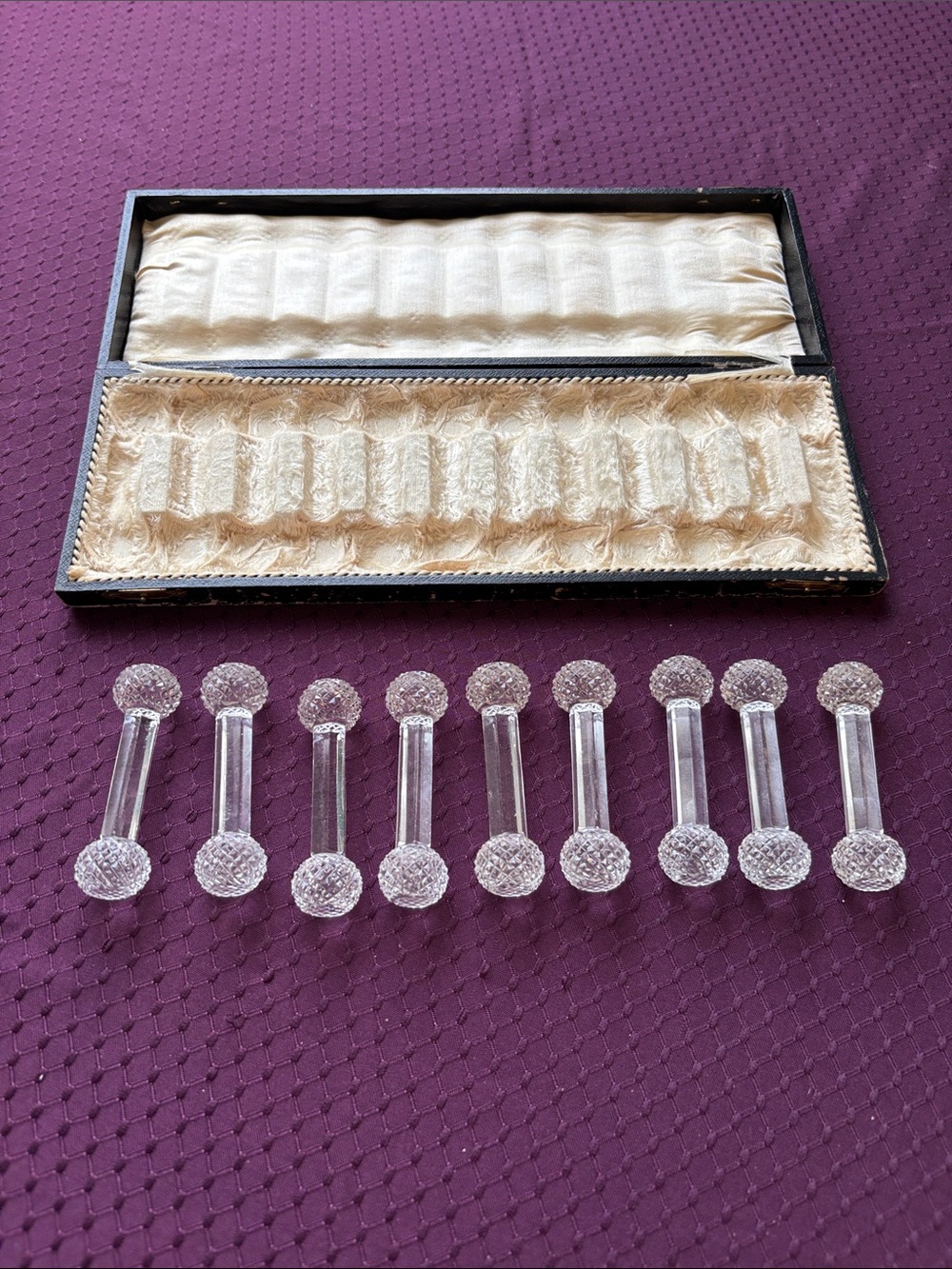 Set of 9 Antique Crystal Knife Rests with original case